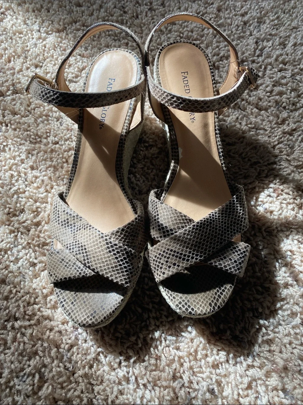 Faded Glory Snake-Print Taupe Ankle-Strap Wedge Sandals